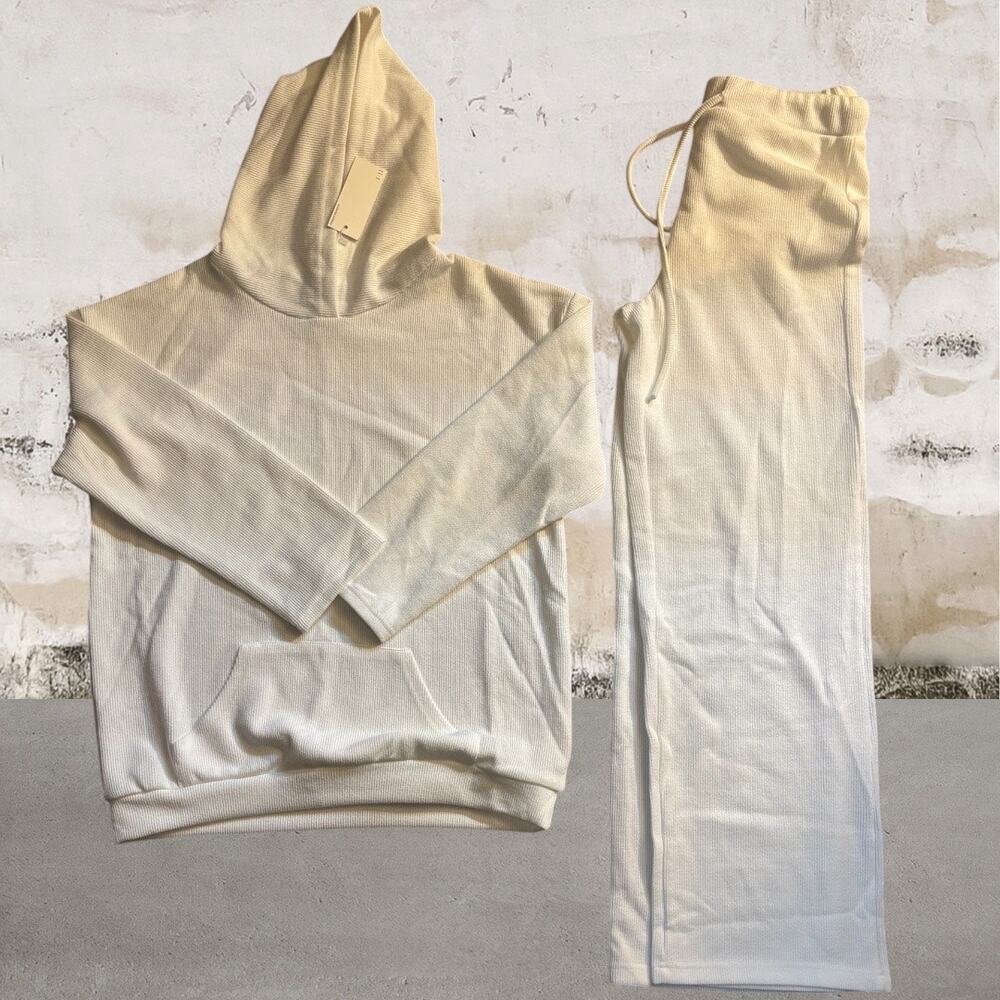 Oneleven Cream Ribbed Hoodie & Wide-Leg Lounge Pant Set Size Medium NWT - Picture 2 of 5